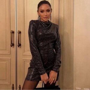 Zara Draped Longsleeve Black Multi Colored Sequin Padded Shoulders Mini Dress XS